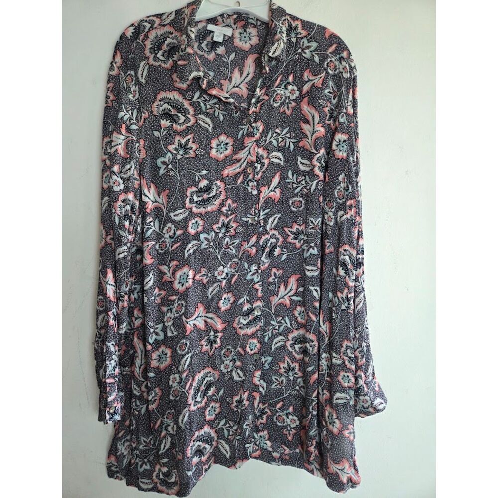 J.Jill Dark Grey/Black w/Pink Floral Print Tunic Button Down Blouse size XL